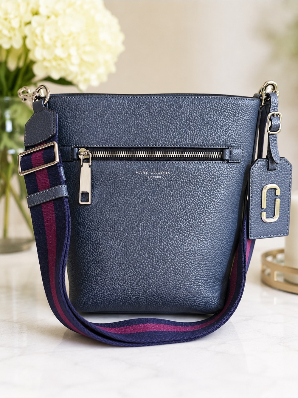 Marc Jacobs Gotham Bucket Bag Crossbody Slate Pebbled Leather Guitar Strap